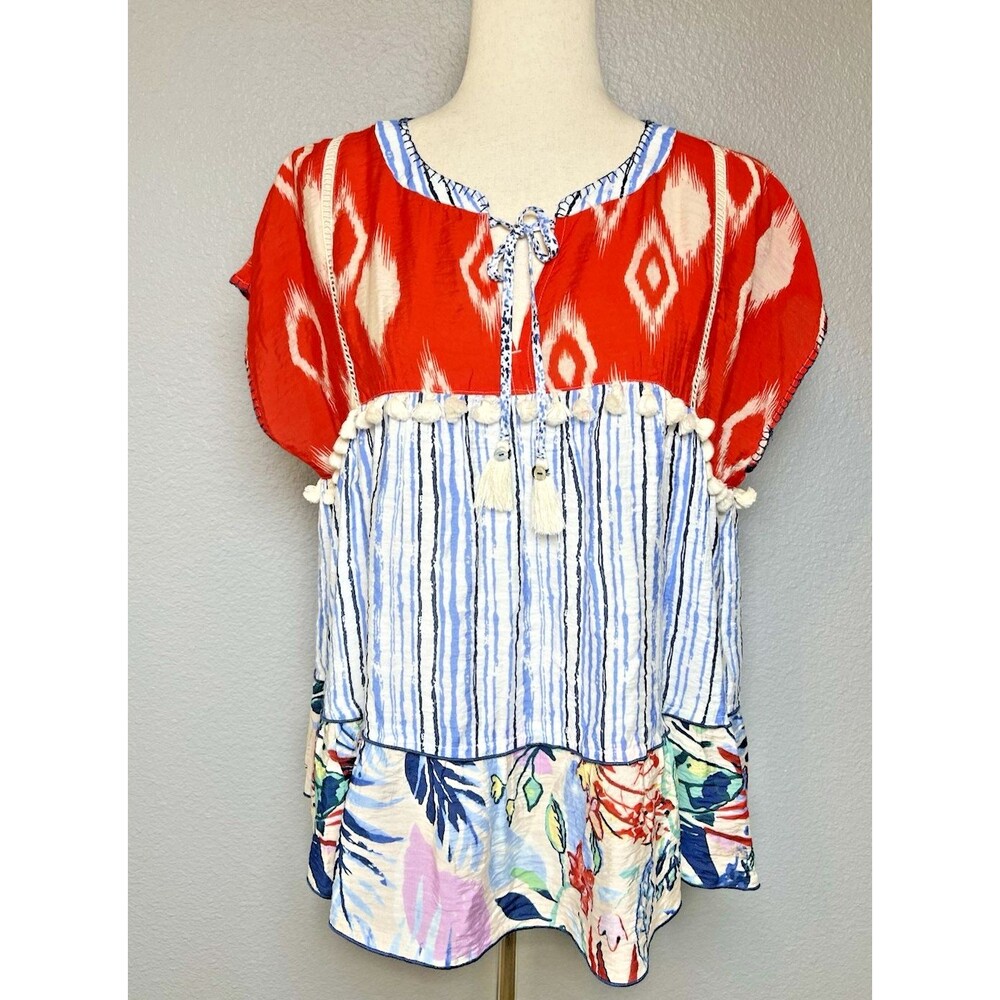John.Mark NWOT womens slit sleeve v-neck tunic blouse sz M tasseled tie summer